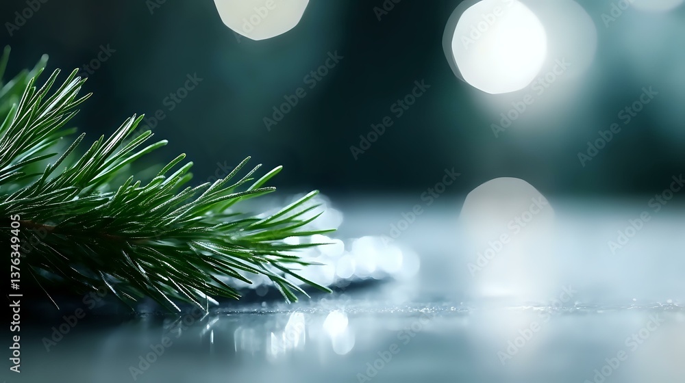 Poster fresh pine branch with soft bokeh lights on blurred winter background, creating magical holiday atmo