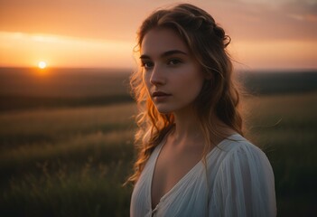 A woman in a white dress standing in a field.