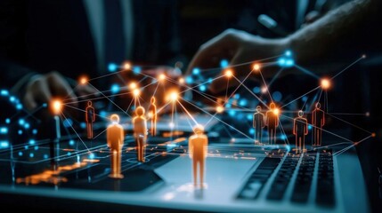 Outsourcing and Finance concept. Digital networking concept with connected figures over a laptop interface.