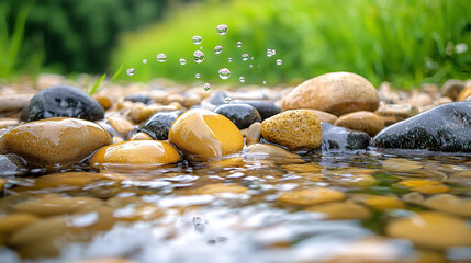 Dynamic image of water flowing over smooth river rocks in a stream with green grass and natural background, with space for text