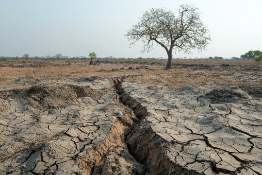 Cracked earth reveals drought in a parched landscape under a hazy sky, with sparse vegetation and lonely trees struggling for survival. - Powered by Adobe