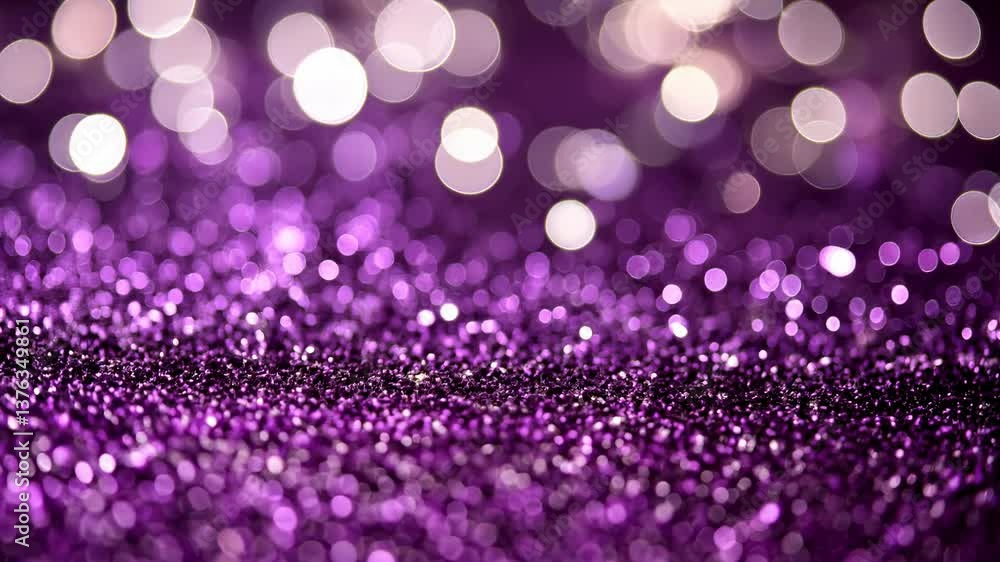 Poster glittering purple bokeh lights with shimmering sequins creating a festive atmosphere