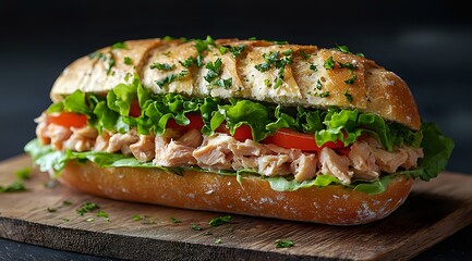 Fresh tuna salad submarine sandwich with crisp lettuce, tomatoes and herbs on rustic wooden board against dark background, close up food photography.