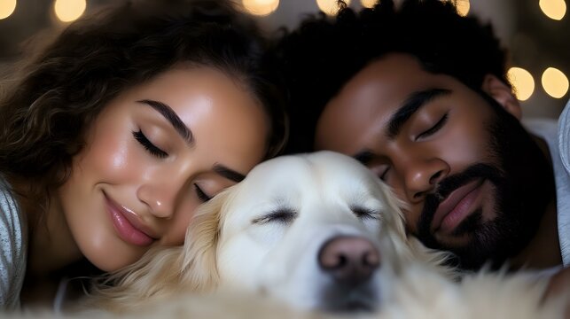 Young mixed race couple sleeping peacefully with white retriever dog on bed, intimate family moment with warm bokeh lights in background.