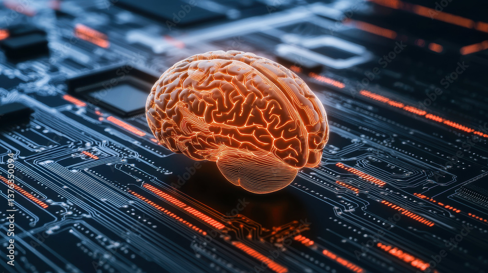 Poster digital brain model is displayed on circuit board background, symbolizing technology and intelligenc