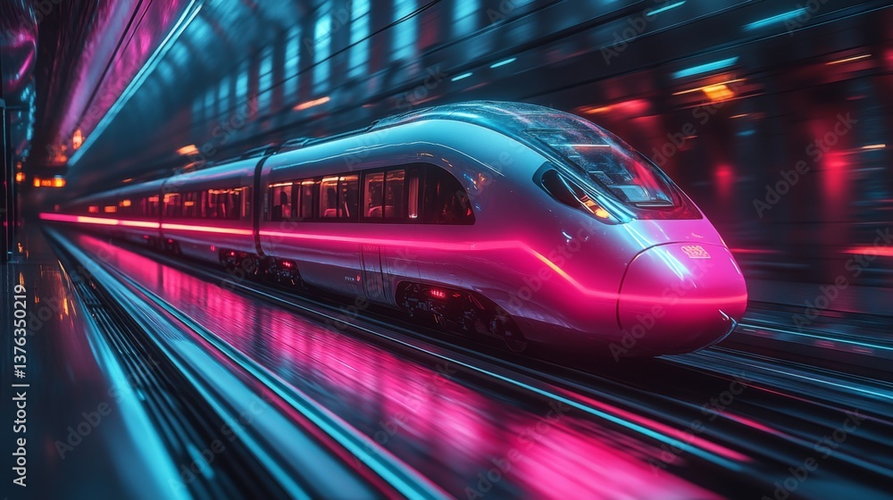 Fototapete A sleek autonomous train moves at high speed through a technologically advanced urban infrastructure. Neon lights highlight its modern design, emphasizing efficiency in logistics and transportation.
