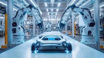 Obraz premium A realistic car manufacturing scene with a silver car on an assembly line being assembled by two white robotic arms, a modern factory workshop in the background