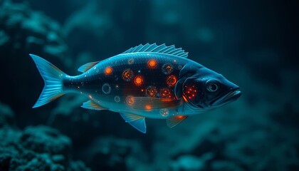 Fototapeta premium Luminous Aquatic Creature Glowing with Internal Light, Swimming Through Dark Ocean Depths