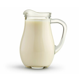 Glass jug full of whole cream cow milk isolated on white background