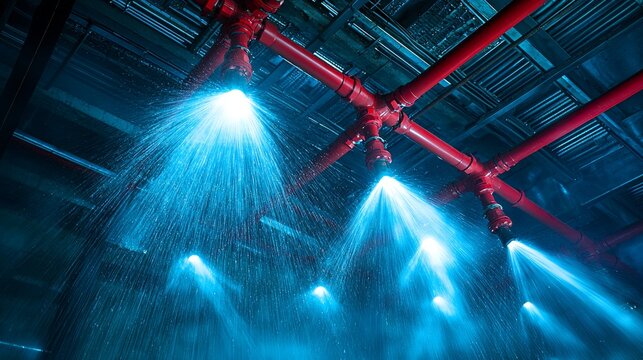 Emergency fire suppression system in action with bright illumination effects