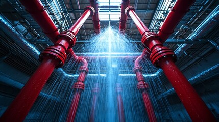 Sophisticated fire suppression system with deluge sprinkler in industrial building