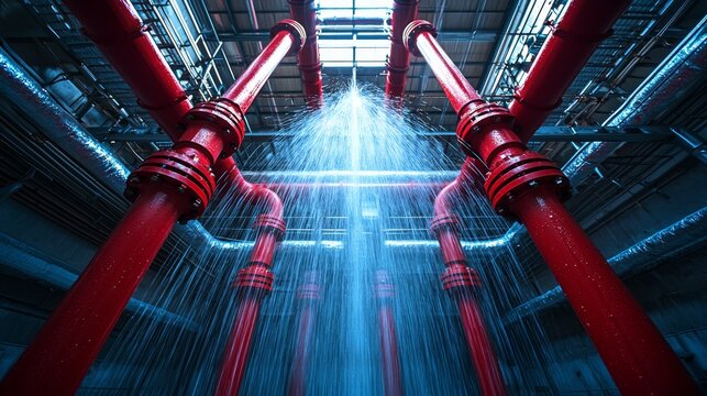 Sophisticated fire suppression system with deluge sprinkler in industrial building