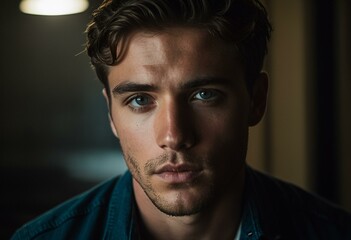 Fototapeta premium A man in a dark room looking at the camera.