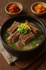 Authentic Korean Beef Short Rib Soup Galbitang Served in Stone Pot

