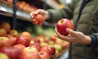 Careful hands selecting fresh red apple in grocery store