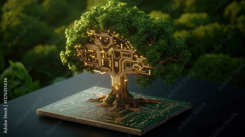 Poster a lush green tree with glowing circuitry integrated into its trunk and branches, symbolizing the har