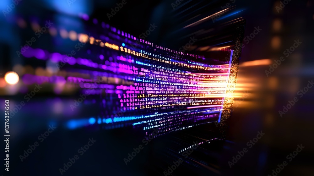 Poster digital code streaming through dark space with vibrant purple and orange light effects, abstract tec