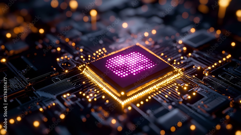 Poster glowing purple microprocessor on circuit board with golden light effects and bokeh. modern computer 