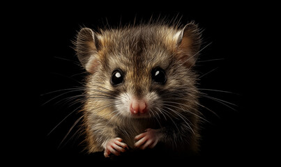 Obraz premium A close-up of a small, furry animal with large eyes and whiskers against a black background.