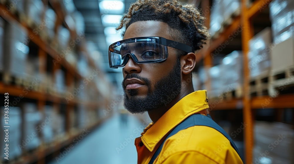 Poster focus on a warehouse worker equipped with high tech safety goggles in a busy logistics center, highl