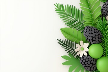 Tropical Leaves and Textured Spheres on White Background