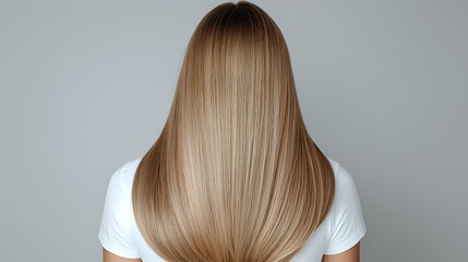 Naklejka premium Young woman with long straight blonde hair from behind wearing white t-shirt against gray background, showing healthy shiny hairstyle after salon treatment.