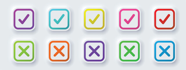Check mark icon illustrate with right or wrong colorful icons, green tick and red cross checkmarks, yes or no sign, true or false icon and approved or rejected icon. Flat vector illustration.