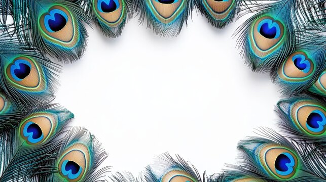 Peacock feather border design with a blank central area perfect for text or invitations in vibrant colors