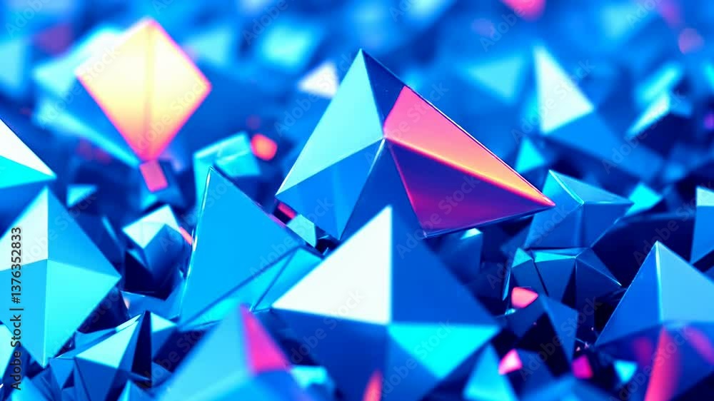 Poster vibrant geometric pyramids in dynamic rotation with neon illumination