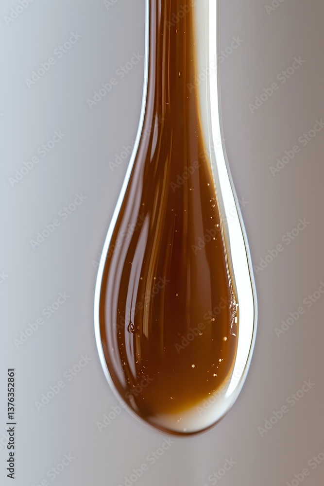 Poster macro shot of golden honey or syrup drop forming teardrop shape with tiny air bubbles against light 