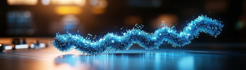 Abstract blue crystalline wave-like form rising upward on a dark reflective surface set against a blurred background creating an artistic impression