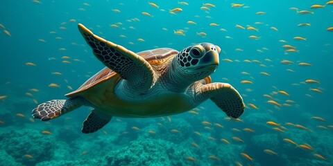 Obraz premium A Majestic Sea Turtle Gracefully Swims Through a Vibrant Coral Reef Ecosystem, Surrounded by a School of Vividly Colored Fish