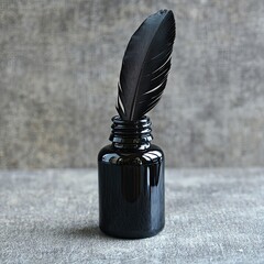 Dark, elegant, minimalist still life featuring a black bottle and feather