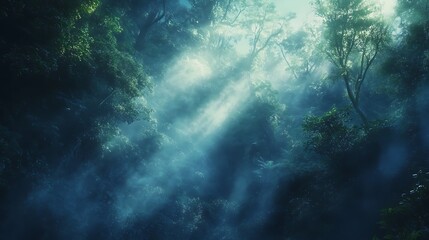 Fototapeta premium divine aura of a jungle at morning where a sheet of mist subtly floats amid full greenery as calm streams of light gracefully touch thick flora 