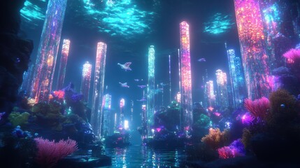 Fototapeta premium Underwater scene depicting vibrant crystal columns and coral reefs