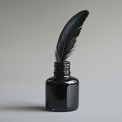 Dark, sleek, ink bottle with a feather