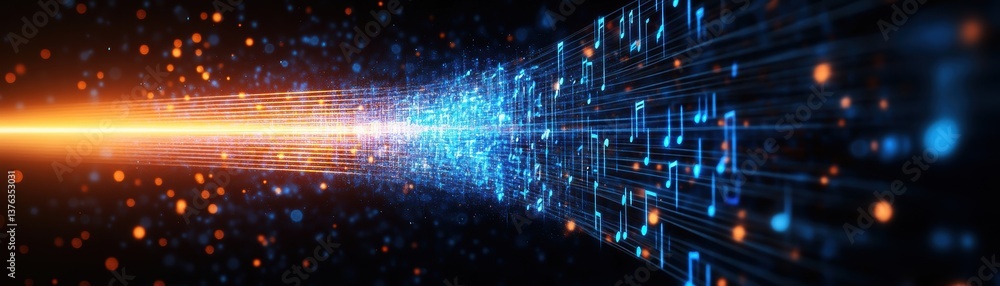 Poster abstract digital data stream flowing through a dark space illuminated by bright orange and blue ligh