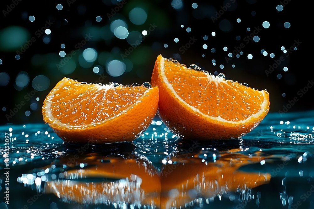 Poster fresh orange slices with water drops and splashes on dark background with bokeh lights, reflection o