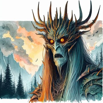 Dark sorcerer with staff in angry mood holding staff against ominous forest background with bright sunset