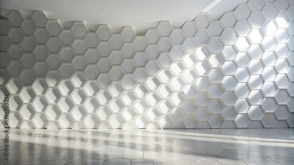 Poster modern hexagonal wall design with light and shadow effects on a geometric floor