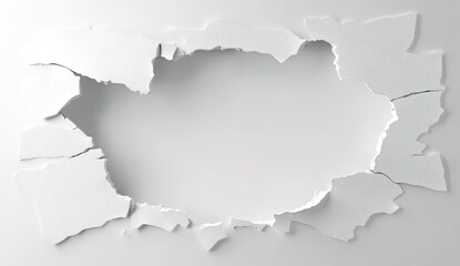 A realistic scene of a white wall with a large hole smashed through it, wall fragments scattered, revealing a gray background