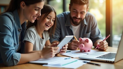images of people managing their personal finances—someone reviewing a budget on a tablet, a family saving money in a piggy bank, or a young entrepreneur calculating profits. Include everyday items 