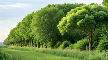 Forest and green foliage in summer. Row of trees and shrubs isolated on a transparent background. Forest scape. 