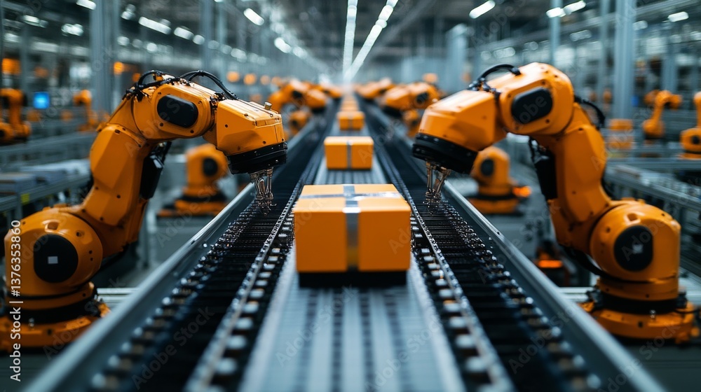 Poster Robotic arms are actively engaged in sorting and processing, packages on a conveyor belt in a logistics center designed for high speed automation and efficiency.