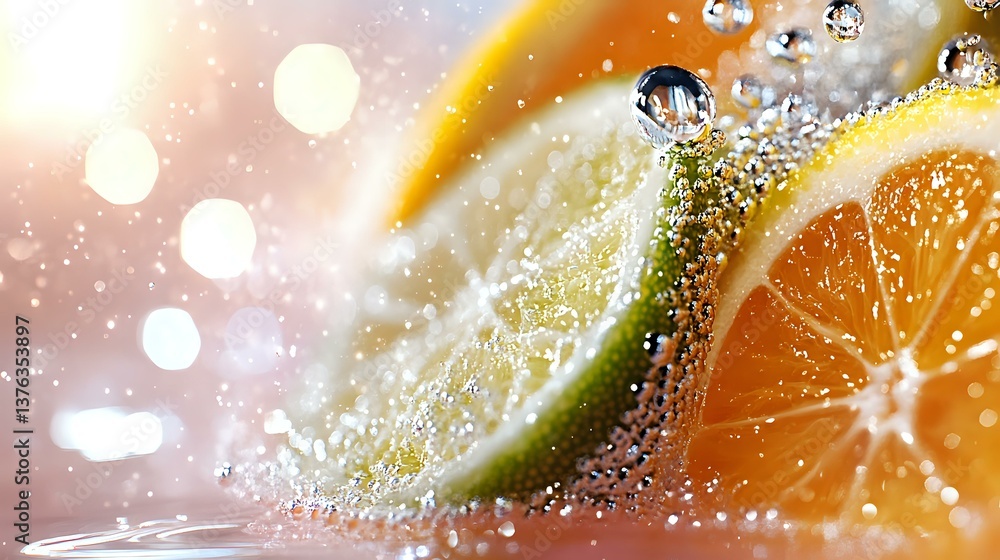 Poster fresh citrus slices of orange and lime with water drops and bubbles in bright sunlight, macro photog