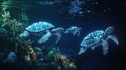 Fototapeta premium Three glowing sea turtles swim gracefully through the ocean water