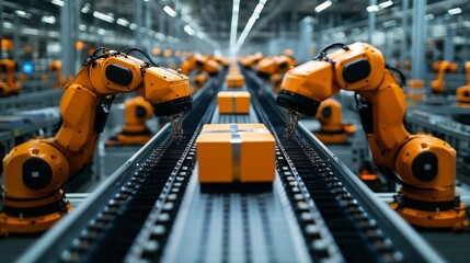 Fototapeta premium Robotic arms are actively engaged in sorting and processing, packages on a conveyor belt in a logistics center designed for high speed automation and efficiency.