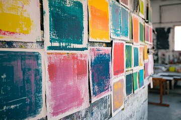Colorful abstract artwork displayed on a textured studio wall surface