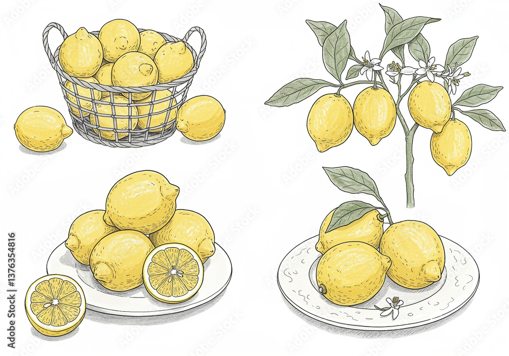 Poster fresh lemons in basket and on plates with lemon tree branch illustration. hand drawn lemons and lemo