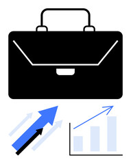 Black briefcase with blue and black arrows pointing upward and bar chart rising. Ideal for business, entrepreneurship, financial success, strategy, goals, career growth, investment. Flat simple